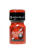 Poppers Rush Zero Red Distilled 10 ml : Poppers petit format, hybride et ultra puissant avec effet immédiat, à base d'Amyle et Propyle, flacon Méga Pellet et bouchon sécurisé.