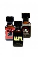 Pack Training 3 poppers : Pack de 3 poppers 24 ml pour vos séances de plaisir : 1 Allblack (Propyl), 1 Amyl (Amyl) et 1 Jungle Juice zéro (Amyl + Propyl).
