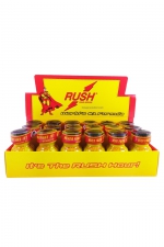 Box 18 poppers Rush 10 ml : Assortiment de 18 poppers Rush (à base de Propyle) proposés dans un présentoir en carton de la marque.