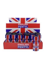 Box 18 poppers English Pentyl 15ml : Assortiment de 18 poppers English Pentyl proposés dans un présentoir en carton de la marque.