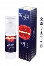 Huile de massage Hot Kiss Mojito : Huile de massage végan, effet chauffant, comestible, goût Mojito, spécial préliminaires et plaisir oral, en flacon de 50ml.