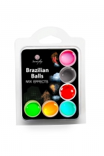 6 Brazilian balls avec effets différents : 6 boules brésiliennes aux effets variés : Triple effet, froid, Iceberg, chaud & froid, chaud, vibrations. Marque Secret Play.