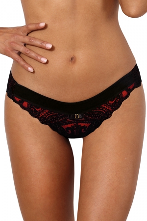 String rouge et noir  V-10048 - Axami : Un string rouge et noir à la fois sensuel et confortable en tulle et dentelle avec un petit nœud sur le devant.